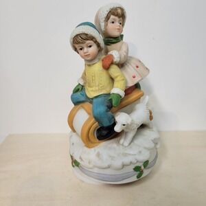 Vintage Porcelain Sledding‎ Kids Music Box Figurine Winter Scene Decor